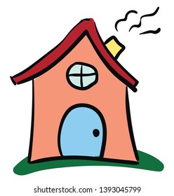 A pink house with red roof and blue window and doors vector color drawing or illustration