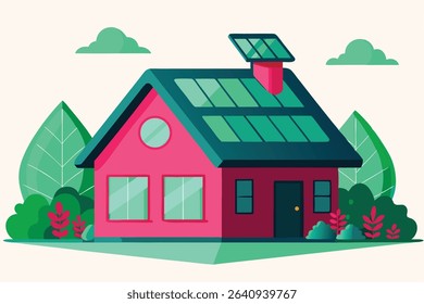 Pink House with Solar Panels, Green Foliage, and Whimsical Cloud