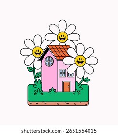 Pink house surrounded by large smiling daisy flowers. This cheerful vector design is perfect for spring, happiness, nature in cartoon illustration vector hand drawn