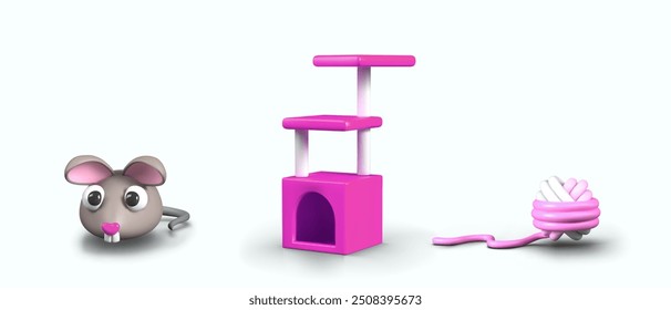 Pink house and toys for cat. Realistic toy mouse, multi tiered couch, ball of thread