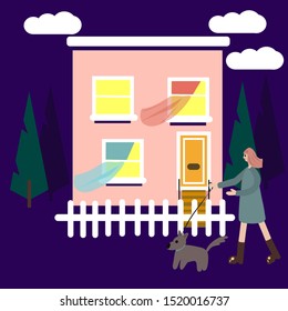 Pink house. The tree. A woman with a dog.EPS10