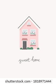 Pink house vector print. Sweet home postcard