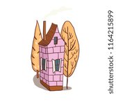 Pink house and yellow trees. Vector hand drawn illustration. 