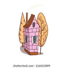 Pink house and yellow trees. Vector hand drawn illustration. 