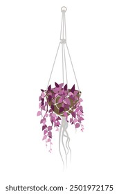 Pink houseplant in a pot hanging white macrame. Flat vector illustration isolated on white background	