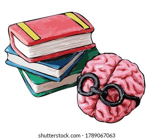 El cerebro humano rosado con gafas negras y libros coloridos aislados de fondo blanco. Ilustración vectorial. Concepto de educación y aprendizaje