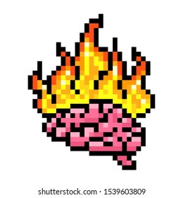 Pink human brain on fire, 8 bit pixel art icon isolated on white background. Old school vintage retro 80s, 90s slot machine/video game graphics. Headache symbol. Creative thinking concept.