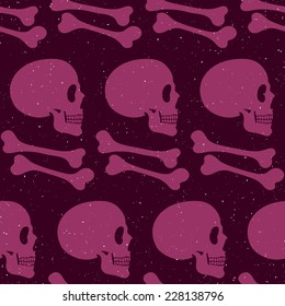 Pink human side-face skull and bones seamless pattern, vector background