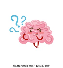 Pink humanized brain with pensive face expression. Human organ. Cartoon character. Flat vector for mobile app or social network