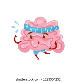 Pink Humanized Brain Running Marathon. Cartoon Character Of In Blue Headband And Shorts. Healthy Lifestyle. Flat Vector Icon