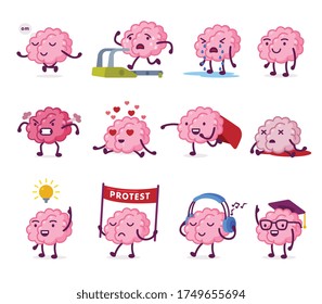 Pink Humanized Brain with Various Emotions Set, Funny Human Nervous System Organ Cartoon Character in Different Situations Vector Illustration on White Background