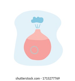 Pink humidifier with a round power button with steam. Vector illustration Isolated on a white background.