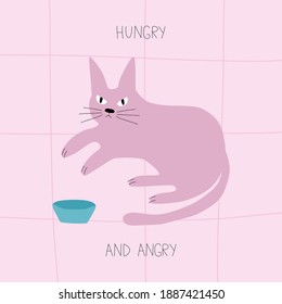 Pink hungry sphinx cat. Angry cat with empty bowl. Cat cartoon on a pink background. "Hungry and angry" funny card. Doodle illustration vector.