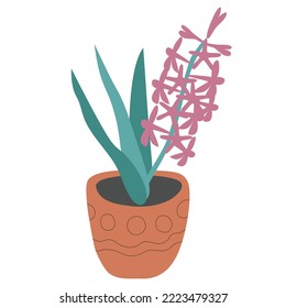 Pink hyacinth in a ceramic pot isolated on white background. Vector illustration in cartoon flat style. Urban jungle decoration.