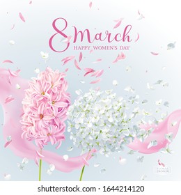 Pink Hyacinth flower and white Hydrangea with flying petals under the wind greeting card for 8 March. Floral vector image in watercolor style with lettering design