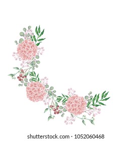 Pink hydrangea flower half wreath, floral border with eucalyptus, dry flowers, spring berry branch, leaves. Wedding watercolor invite card, romantic design. Boho vector in rustic elegant style. svg