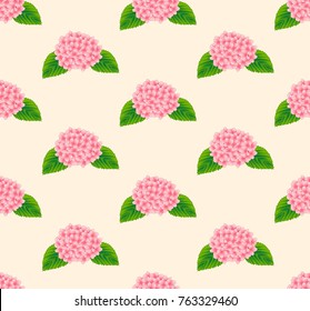 Pink Hydrangea Flower Seamless on Beige Ivory Background. Vector Illustration.