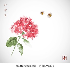 Hortensias rosas con abejas cernientes. Tinta oriental tradicional pintura sumi-e, u-sin, go-hua. Jeroglíficos - armonía, espíritu, perfección, eternidad.