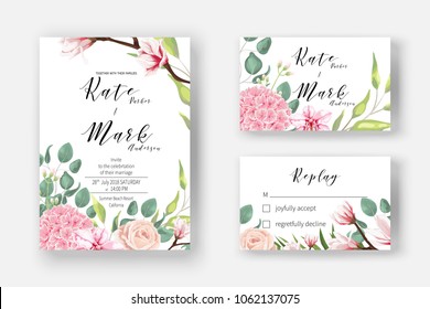 Pink hydrangea, powder rose, blooming magnolia, orchid, fern, eucalyptus and greenery bouquet for Invitation cards for marriage, rsvp reply, Wedding invite template with watercolor flowers. Boho  