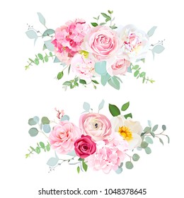 Pink hydrangea, red rose, white peony, camellia, ranunculus, eucalyptus and greenery vector design horizontal bouquets.Spring wedding flowers. Floral banner. All elements are isolated and editable
