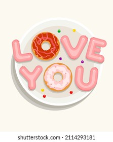 Pink "I love you" and colored donuts are on a white plate