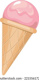 Pink ice cream ball. Cartoon waffle cone