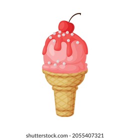 Pink Ice Cream Ball in Waffle Cup as Frozen Dessert and Sweet Snack Vector Illustration