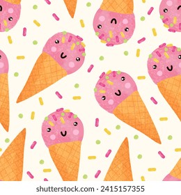 Pink ice cream ball waffle cone vector seamless pattern, cute kids design