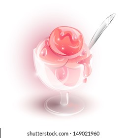 Pink ice cream balls in a cup with a spoon, EPS 10