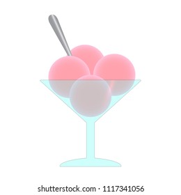 Pink ice cream balls in glass cup with spoon. Vector illustration.