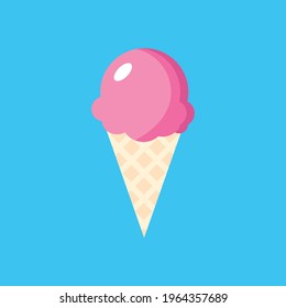 Pink Ice Cream in bright cartoon style isolated on blue background. Ice cream cone Vector illustration in nice colors. Yummy Ice cream, Summer time and beach concept background design.