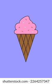 A pink ice cream with brown cone isolated on blue