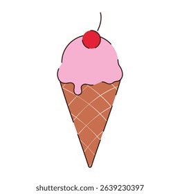 Pink ice cream in a brown waffle cone with a cherry on a white background. The food icon.
