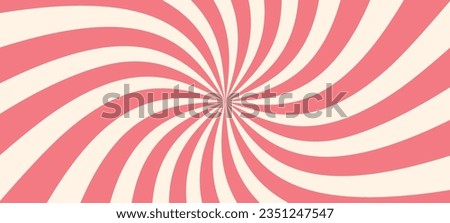 Pink ice cream and candy swirl background, lollipop vortex patterns intermixed with strawberry and circus elements. Retro spiral design. Flat vector illustration isolated