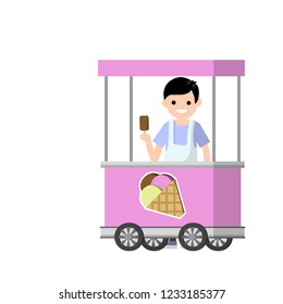 Pink ice cream Cart with logo. Little business. Work for seller student in an apron. Sweet foods. A man holding a Popsicle in his hand. Children's pleasure.
