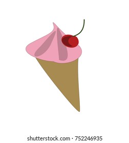 Pink ice cream  with cherry on white background