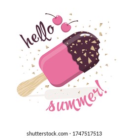 Pink ice cream with chocolate icing on a white background and the inscription "Hello summer". Isolated illustration of a Popsicle on a wooden stick in flat style.