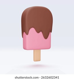 Pink Ice cream with chokolate glaze, icon, 3d render. Design elements. Realistic fast food icon. Sweet food. Vector illustration isolated on white for menu, shop, flyer, banner, web, adv, sale