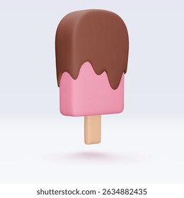 Pink Ice cream with chokolate glaze, icon, 3d render. Design elements. Realistic fast food icon. Sweet food. Vector illustration isolated on white for menu, shop, flyer, banner, web, adv, sale