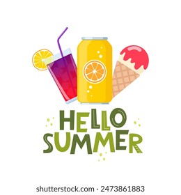 Pink ice cream, cocktail, lemonade in a tin can and the inscription Hello Summer. Colorful summer poster design. Vector