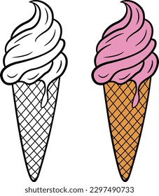 Pink Ice Cream for Coloring Page. Vector Illustration of Delicious Ice Cream in a Waffle Cone