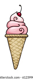 Pink ice cream cone, with a cherry on top, isolated on white, vector illustration