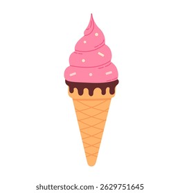 Cone de sorvete rosa com esmalte de chocolate e redemoinho suave sobre fundo branco, perfeito para sobremesa e visuais com tema doce