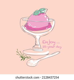 A pink ice cream cone in a clear glass decorated with a green leaf. Text: Let's enjoy... it’s Women's Day. vector.
