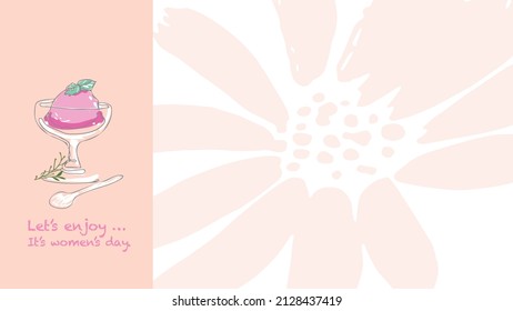 A pink ice cream cone in a clear glass decorated with a green leaf. Text: Let's enjoy... it’s Women's Day. vector.
