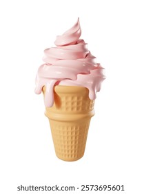 Pink ice cream cone with a crisp waffle cone. Isolated 3D vector of dripping ice cream sweet realistic melted dessert