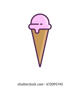 Pink ice cream cone flat line icon isolated on the white background.