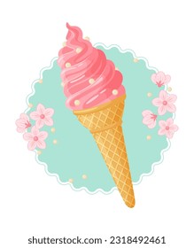 Pink ice cream in a cone with flowers. Isolated vector cartoon illustration