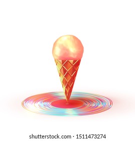 Pink ice cream cone on stand. 3d decorative design element. vector illustration
