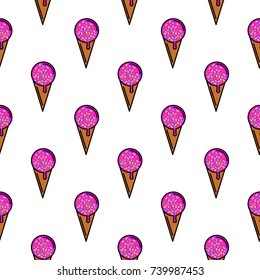 Pink ice cream cone seamless pattern on white background.